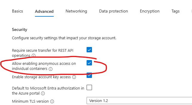 screenshot creating azure storage account allow anonymous