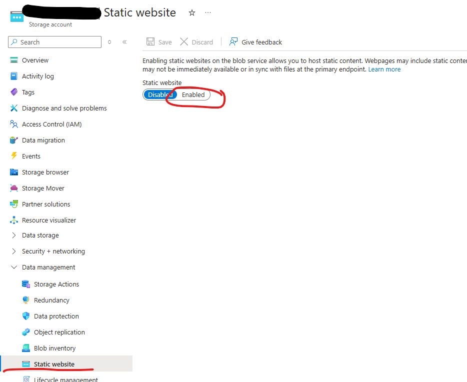 enable static website feature